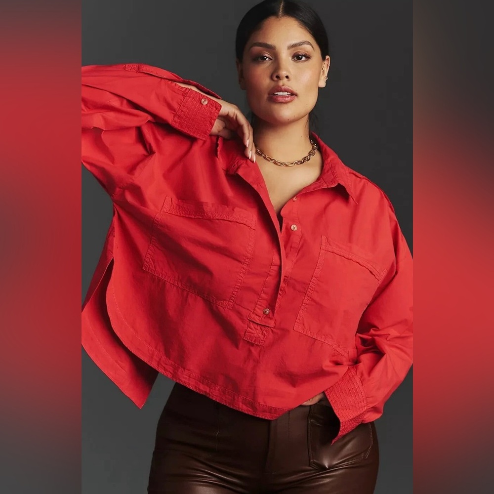 Anthropologie Pilcro Placket Back-Slit Shirt Top Medium Women's Blouse Cropped